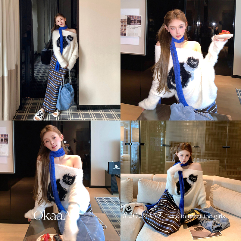 Okaaay【8/24 20:00 New Product Limited-Time Discount】"Christmas Kitten" Korean Style One-Shoulder Sweater