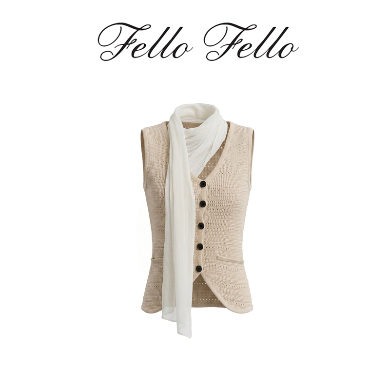 Fellowfellow【Old Money Style】Old Money Style Hollow-Out V-Neck Halter Neck Vest with Ribbons