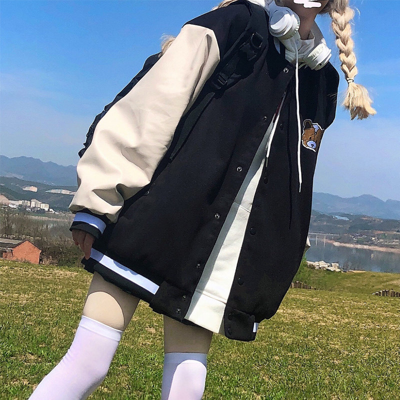 Fuyan spring and autumn bear hiphop baseball uniform jacket female ins tide brand American vintage couple jacket