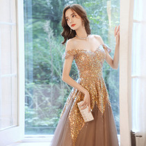 Golden Temperament High-end Evening Dress 2021 New Banquet Senior Texture Light Luxury Sequins Heavy Industry Choir Women
