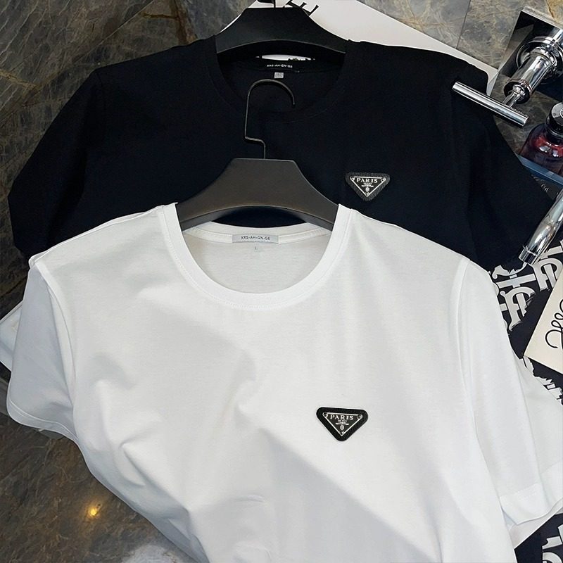 Compatible with Dainwang Prada Collaboration Short-Sleeve T-Shirt with Inverted Triangle Leather Label, Combed Cotton Men's T-Shirt