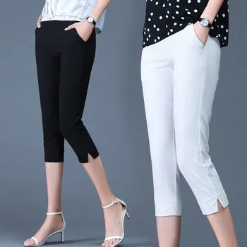 Summer comfortable spot sales casual pants small feet slit cropped pants thin elastic waist ladies breathable pure color