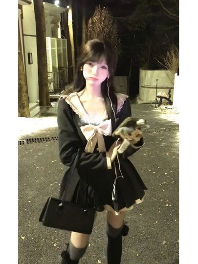 Новое женское платье в студенческом стиле с воротником-стойкой и бантом, осень-зима 2025, с завышенной талией, пышная короткая юбка А-силуэта