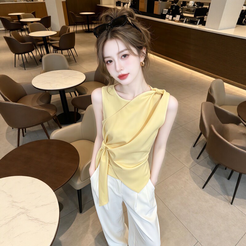 French-Style Light Luxury Sleeveless Shirt for Women, 2026 Summer New Model, High-End Feel, Tie-Waist, Irregular Top