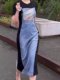 2025 Summer New Color-Blocked Elegant Denim Dress Women's High-End Niche Fashion Long Dress Elegant Skirt