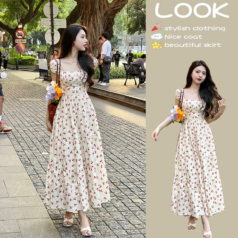 2026 Summer New Floral Dress Women's French Style Elegant White Dress High-End Fresh Strap Long Dress Summer
