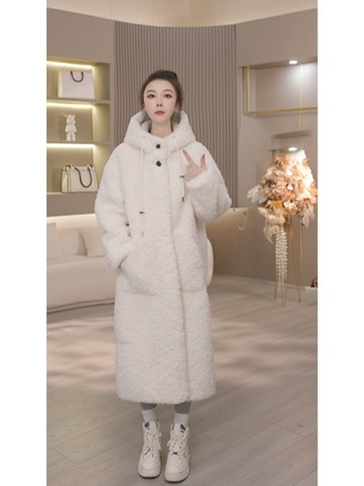 富家千金气质保暖休闲长款外套女装2025冬季新款加厚连帽毛绒大衣