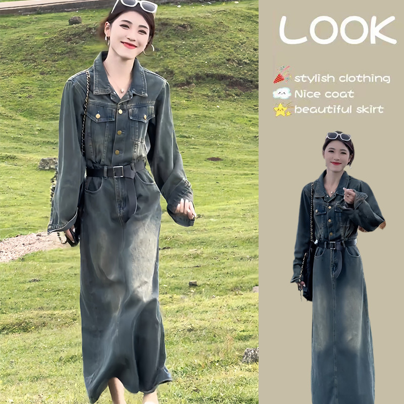 Blue Denim Dress 2026 Early Autumn New Style Autumn Wear Elegant High-End French Waist-Cinching Long Dress Women's Clothing