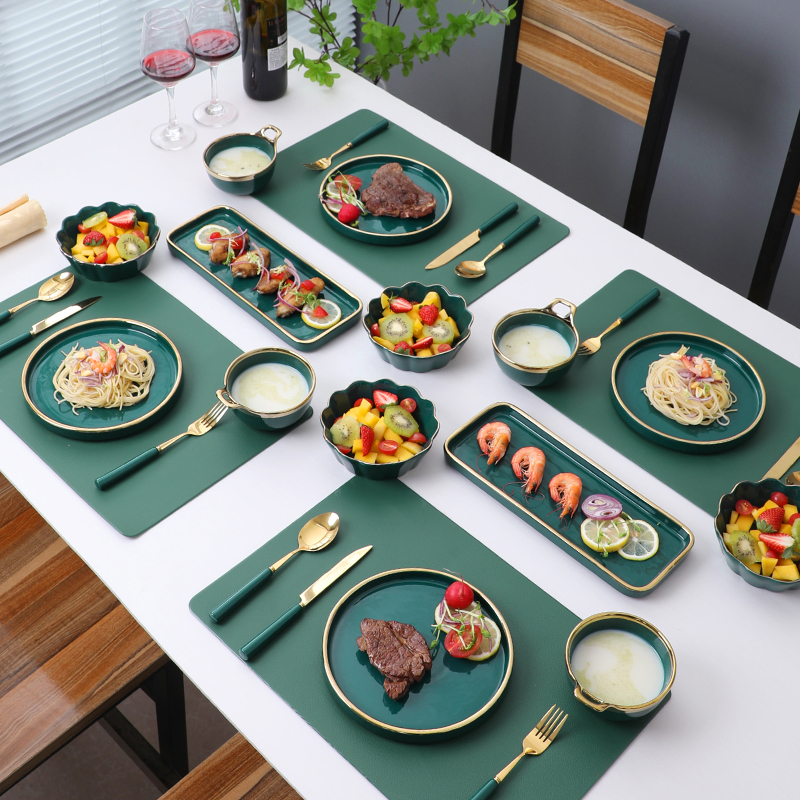 Light Luxury Gold-Rimmed Ceramic Western-Style Tableware Set, Square Steak Plate, Household Knife and Fork Set, Full Set of Dishes, Round Serving Plate