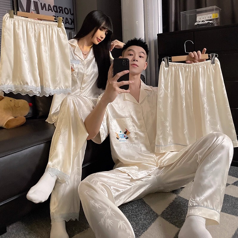 Couple's Pajamas for Women, Summer Ice Silk Cool Short-Sleeve Long Pants, Summer Dachshund Three-Piece Set, Men's Plus-Size Loungewear