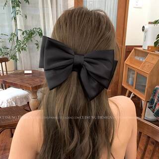 Three-Dimensional Non-Deformable Black Bow Hairpin for Women, Korean Style Hair Accessory, Spring Clip, Three-Layer Satin Hair Accessory