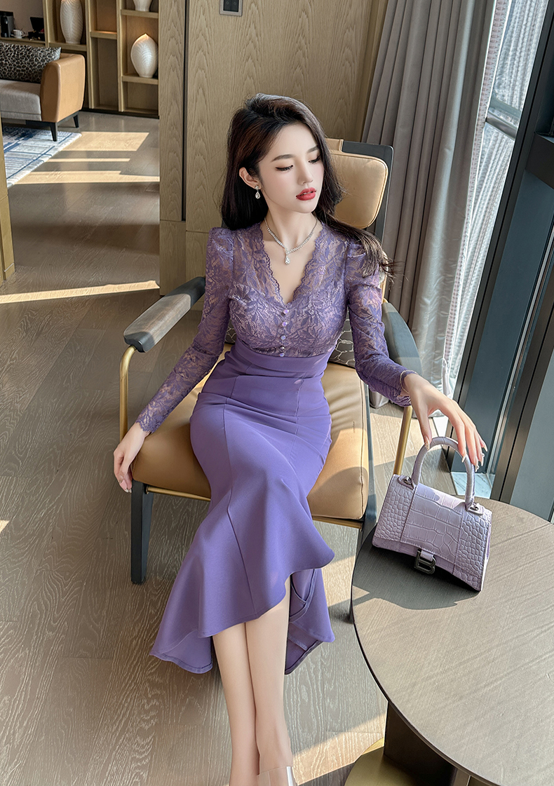 C3554 2640K VÁY ĐẦM LIỀN THÂN NỮ RUUREAG DÁNG ÔM BODY GỢI CẢM SEXY MÙA XUÂN THU ĐÔNG KIỂU ĐUÔI CÁ CỔ CHỮ V THỜI TRANG NỮ REN G06 SẢN PHẨM MỚI