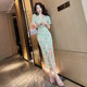 European station green chiffon floral dress seaside holiday style bellflower French waist small fresh dress female summer