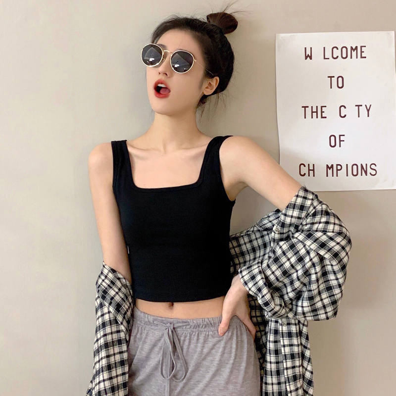 Pure Cotton Black Square-Neck Camisole for Women, Spring and Summer Short Slim-Fit U-Neck Top That Covers Side Breasts