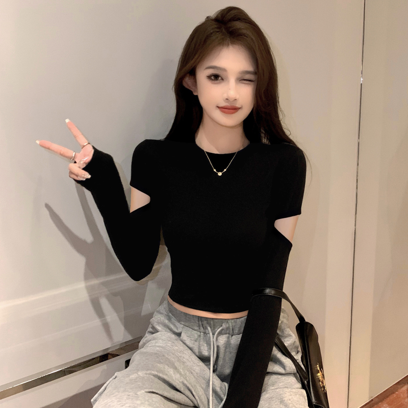Ribbed Black Half-High Collar Long-Sleeve T-Shirt, Spring and Autumn Knit Short Base Layer Top, Distressed Tight-Fitting Hollow-Out Top Ribbed Black Half-High Collar Long-Sleeve T-Shirt, Spring and Autumn Knit Short Base Layer Top, Distressed Tight-Fitting Hollow-Out Top