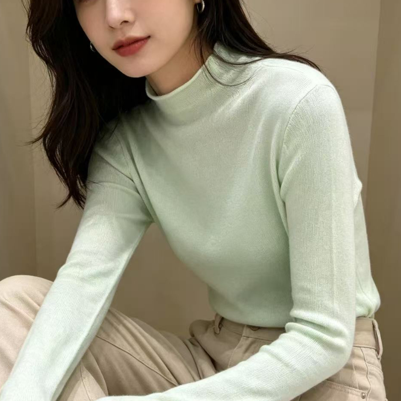 French-Style Light Mint Green Half-Turtleneck Base Sweater for Women, Autumn and Winter Slim-Fit Knit Elegant Sweater in Aqua Green