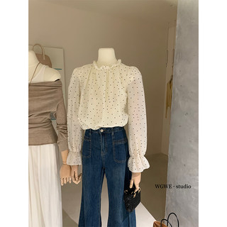 【繁星点点】韩系波点长袖衬衫女半高领打底衫秋季法式雪纺衫上衣
