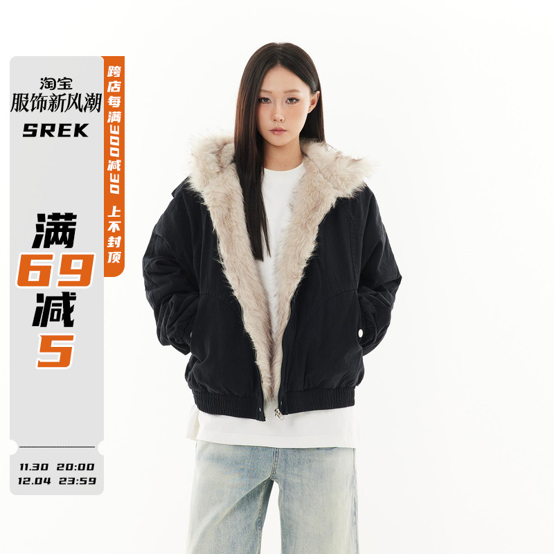 SREK 山の彫刻肥厚プラス豪華な襟の綿のコート女性のための秋と冬の厚手の暖かいルーズカップルの綿のコート