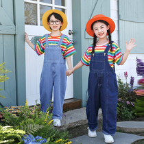 Costumes de Performance pour Enfants Salopette en Denim à Rayures de Couleur pour Enfants Uniformes de Danse Pom-Pom girl Maternelle Graduation Uniformes de Classe Photo