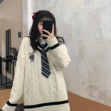 Свитер, галстук, осенняя рубашка, трикотажная студенческая юбка в складку, комплект, свободный крой, V-образный вырез