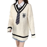 Свитер, галстук, осенняя рубашка, трикотажная студенческая юбка в складку, комплект, свободный крой, V-образный вырез