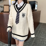 Свитер, галстук, осенняя рубашка, трикотажная студенческая юбка в складку, комплект, свободный крой, V-образный вырез