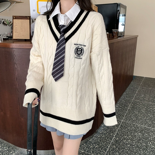 Свитер, галстук, осенняя рубашка, трикотажная студенческая юбка в складку, комплект, свободный крой, V-образный вырез