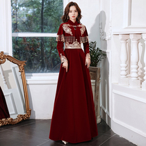 Bridal toast with 2021 new red long sleeves velvet winter Back to door wedding evening gown dresses mid-winter