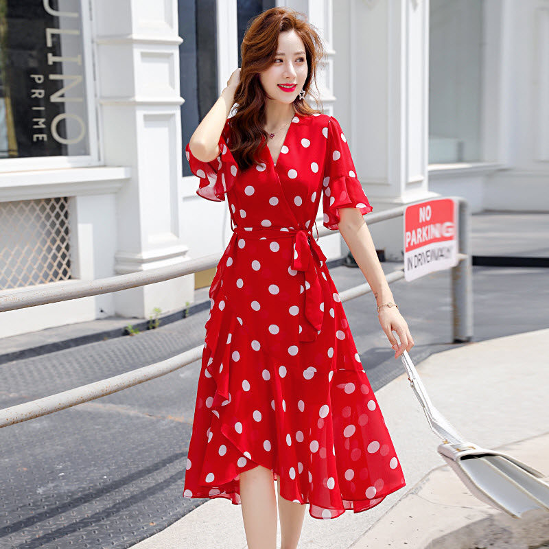 Red Wave Dot Ocean Dress Snowspinning V Collar Summer Method Vintage Kleben Wind Super Fairy Cashew's Lean Temperament Skirt