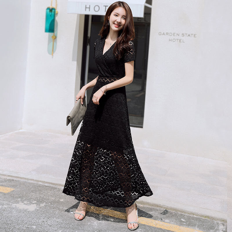 Black lace dress Summer temperament Long version to ankle sashimi Slim Courtesy Dress Cashew-style Long Skirt Woman