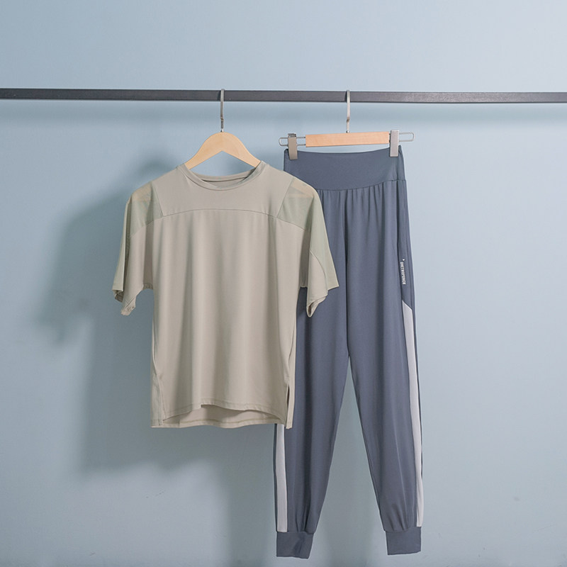 Sports suit women's spring and autumn quick-drying loose breathable mesh fitness clothes blouse morning running yoga clothes two-piece set