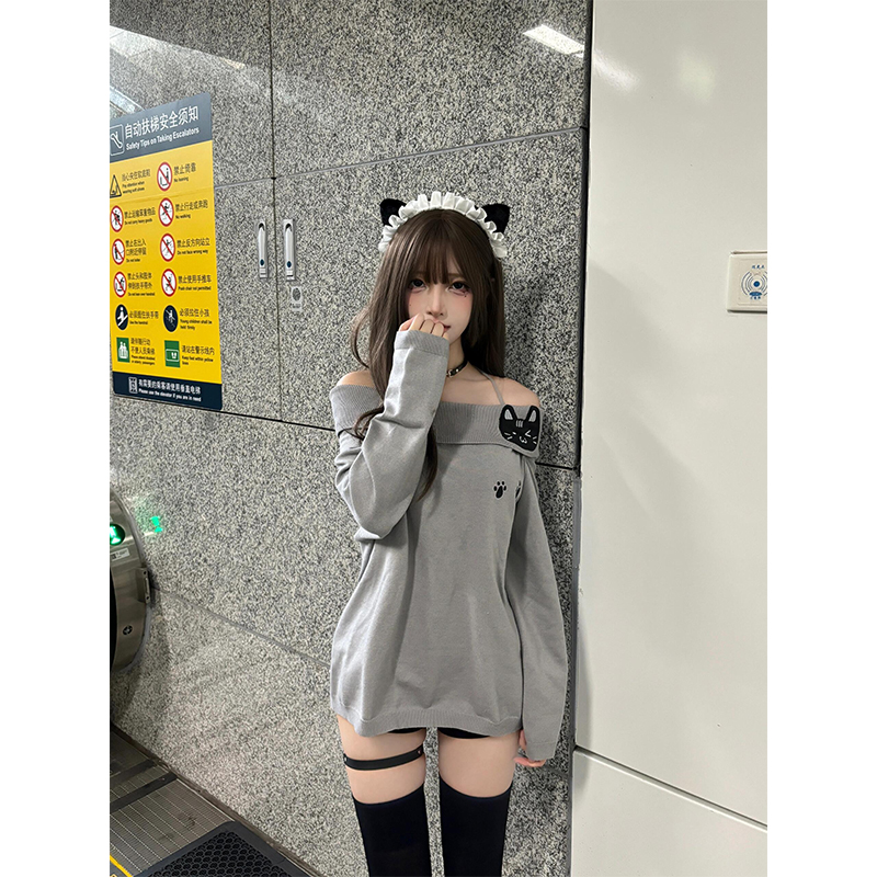 甘くてかわいい猫のワンショルダーセーター、女性用、春と秋2024年新作、レイジースタイルのセーターデザイントップ