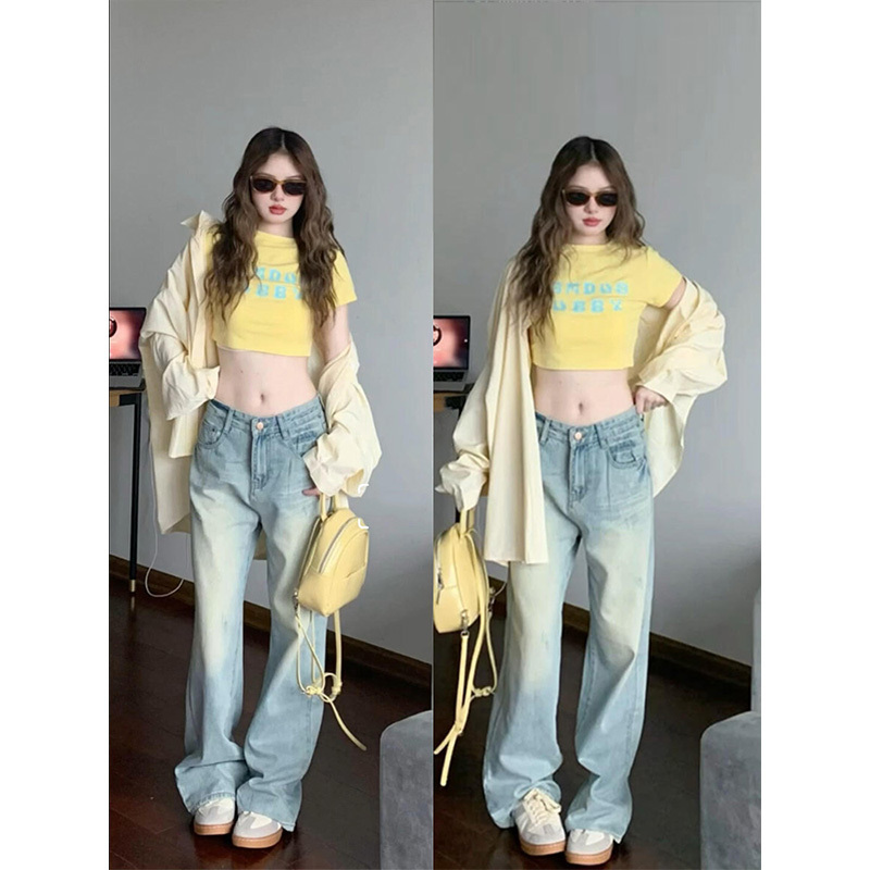American-Style Dopamine Letter Print Yellow Short-Sleeve T-Shirt for Women, Summer Waist-Cinching Slim Fit, Hot Girl Regular Shoulder Short Top