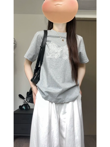 Кружевная летняя футболка с бантиком, в американском стиле, с вышивкой, свободный крой