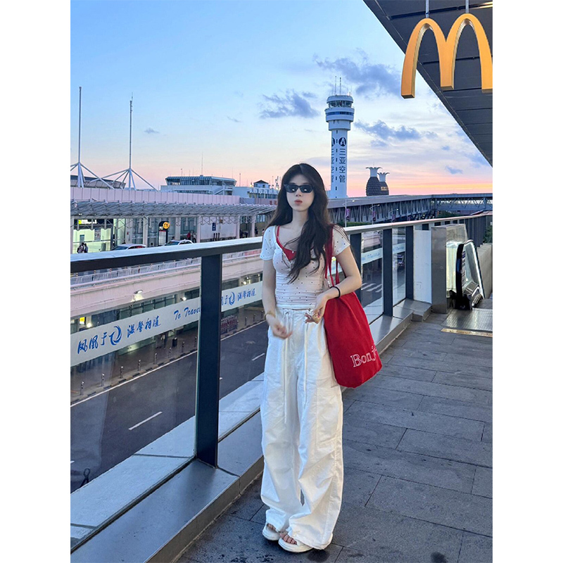 Pure Desire Style Hot Girl Polka Dot Color-Block Half-Button Short-Sleeve Regular Shoulder T-Shirt for Women, Summer Slim-Fit Short Top