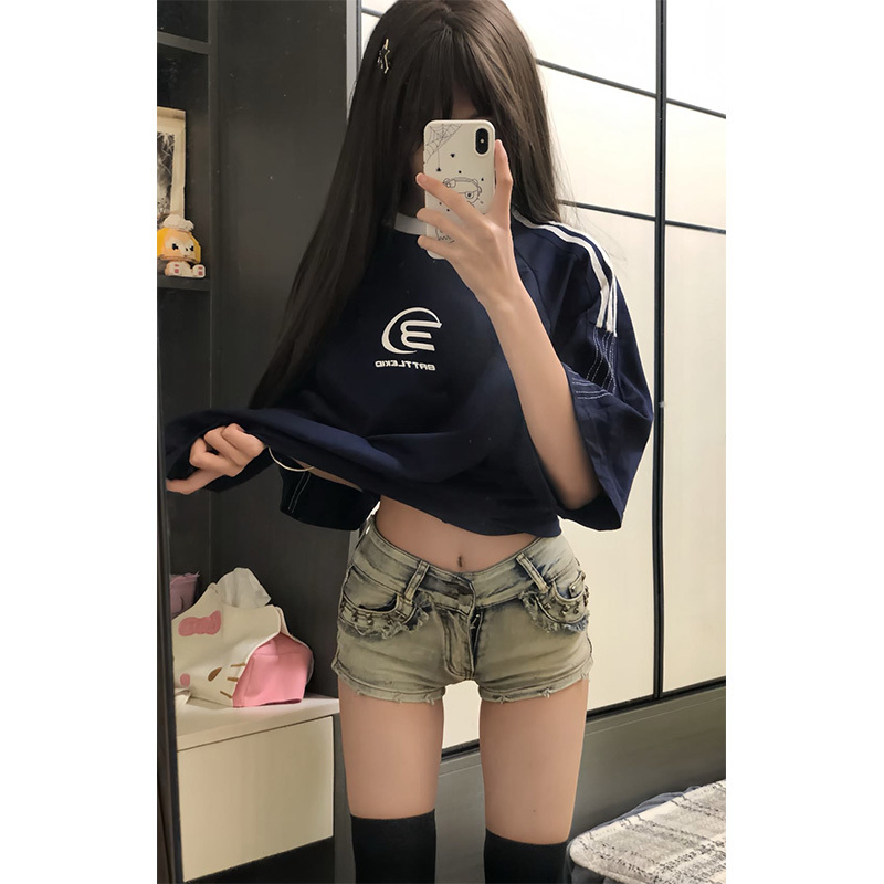 American Retro Hot Girl Denim Shorts for Women, Summer Sexy Low-Waist Slimming High Street Design Hip-Hugging Ultra-Short Hot Pants