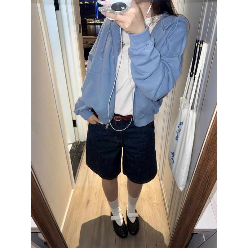 Basic Milk Blue Short Sweatshirt Cardigan Hooded Zipper Jacket for Women, Autumn Sports Casual Loose Solid Color Top