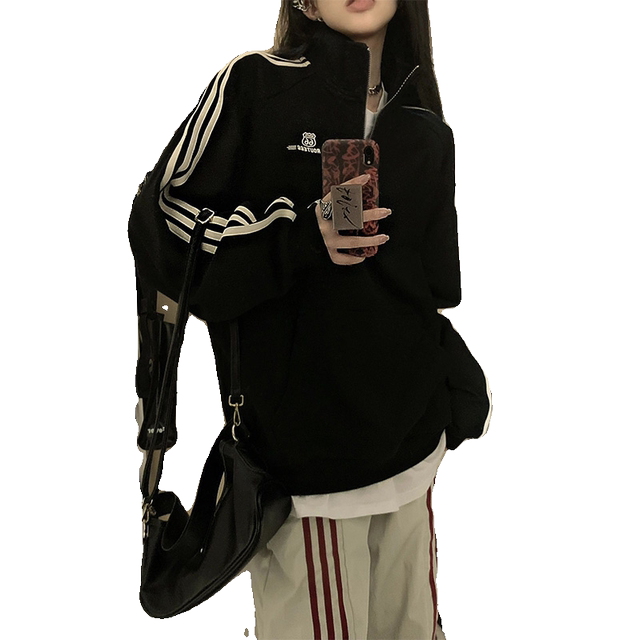 American retro stand collar striped sports sweatshirt for women in autumn and winter