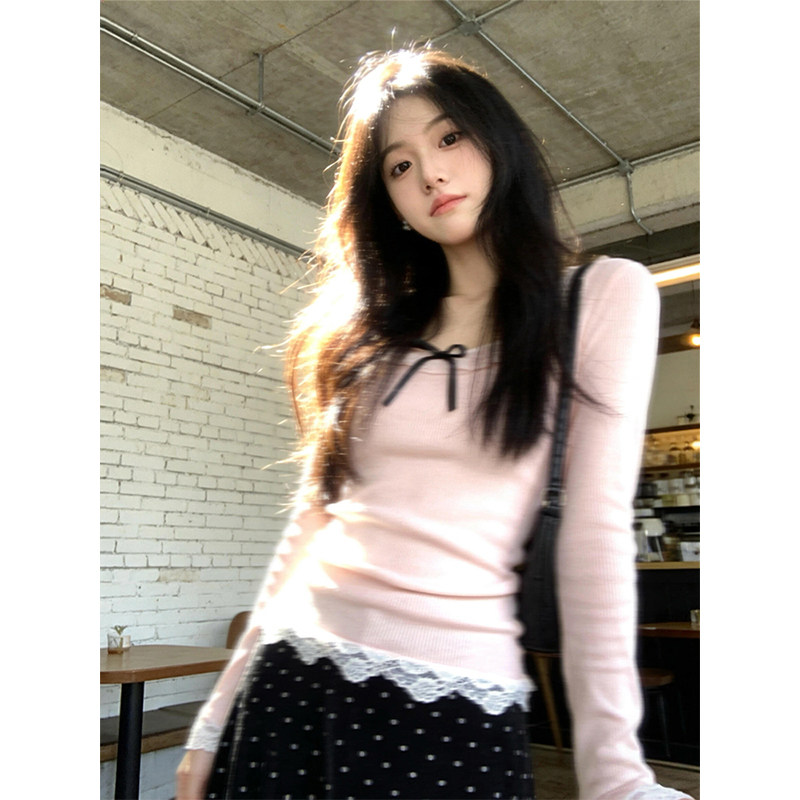 Lace-trimmed bow long-sleeved T-shirt for women, early spring, sweet and elegant, slim fit, high-end Korean style top.