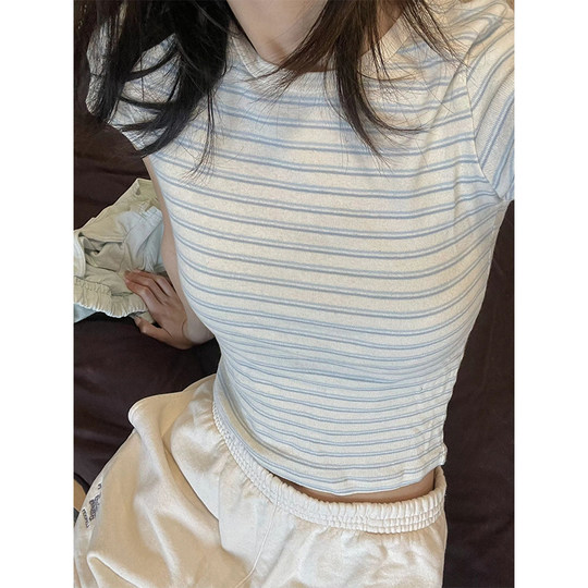 Hot girl striped T-shirt women's short-sleeved right shoulder summer pure cotton slim niche design chic slim short top