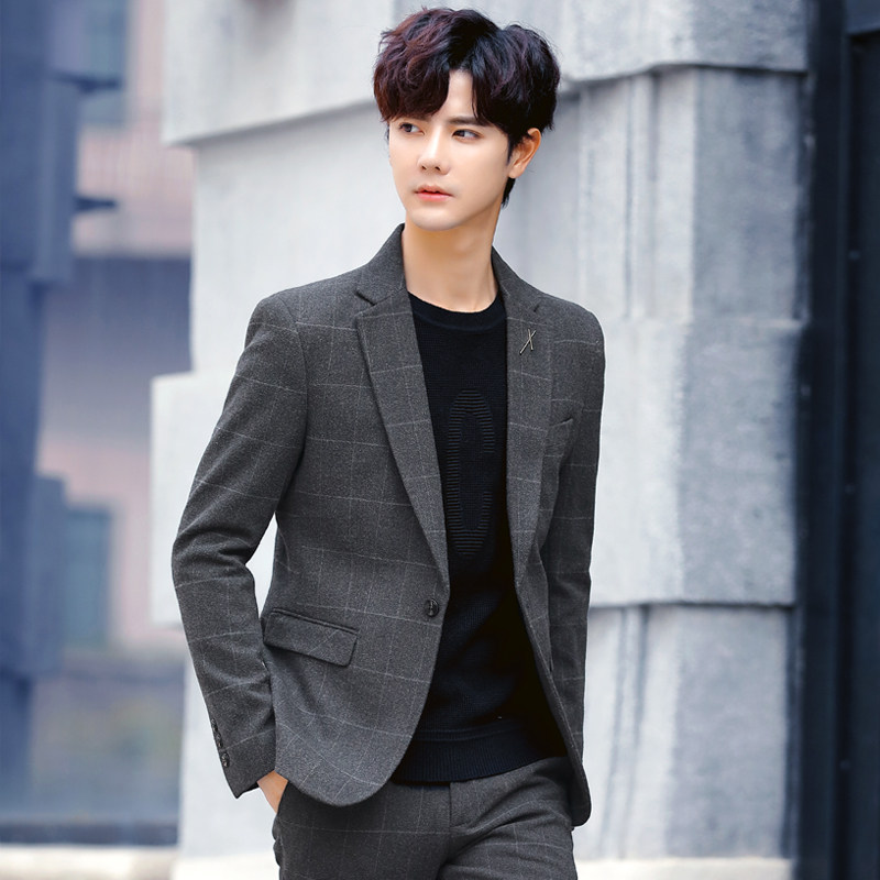 Plaid small suit men's jacket Korean slim trend ruffian handsome jacket one piece casual suit two pieces a suit
