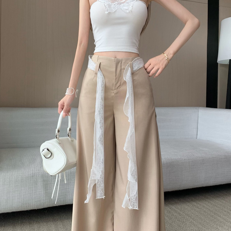 Casual Khaki Wide-Leg Pants for Women, Summer Lace Ribbon High-Waisted Pants, Drapey Slimming Casual Floor-Length Straight Pants