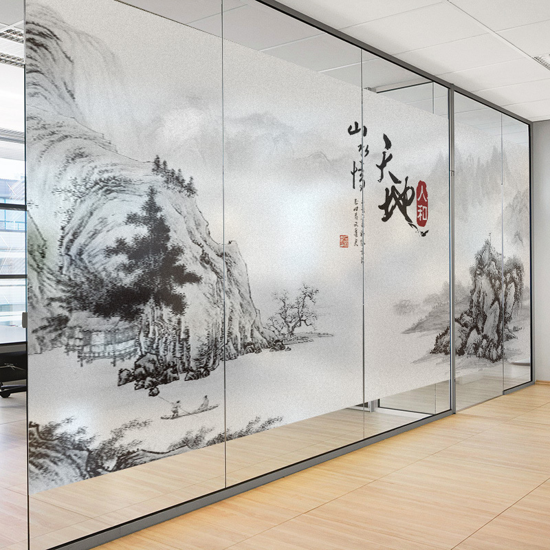Ink landscape ancient style can be customized Electrostatic frosted living room glass sliding door Office glass film cellophane