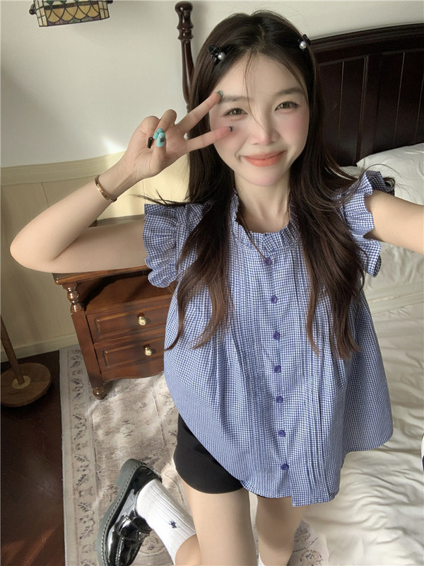 French-Style Sweet Flutter-Sleeve Top for Petite Women, Summer 2024 New Unique Ruffled Sleeveless Shirt