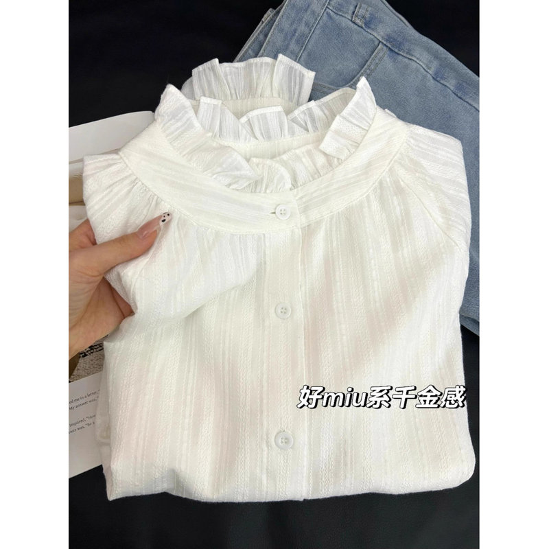 French-Style Lace Trim Layered Base Shirt, Korean-Style White Long-Sleeve Shirt for Women, Spring, Summer, and Autumn Top