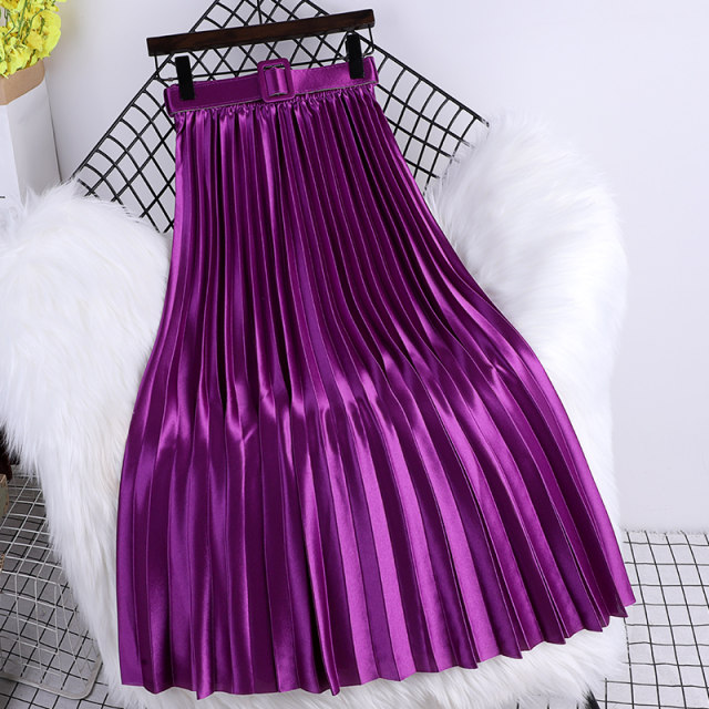 2022 new high waist slimming belt solid color pleated bright face all-match A-line large swing mid-length skirt women