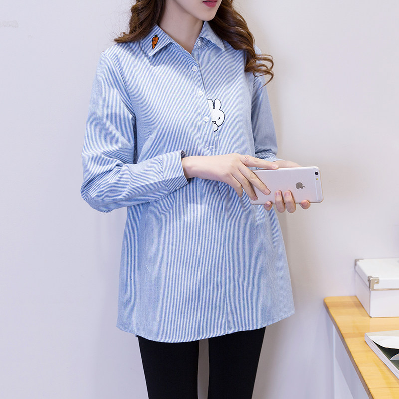 Autumn Lapel Striped Embroidered Maternity Shirt A Version Loose Top Spring and Autumn Maternity Wear Long Sleeve Shirt