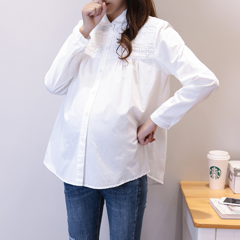 2022 Spring and Autumn Maternity Shirts Loose Tops Autumn Professional Long Sleeve Lace Maternity Wear White Bottoming Shirts