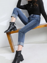 High-waisted jeans womens straight tube loose 2021 new high and thin nine-point small big leg pipe pants tide