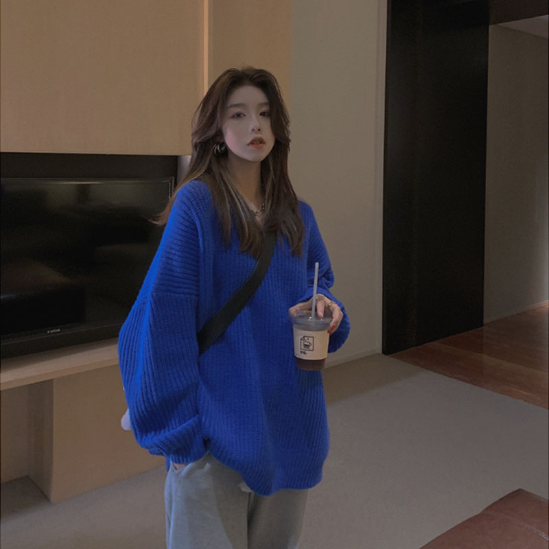 Klein blue sweater women's thickened autumn and winter loose lazy style French retro high-quality net red knitted sweater top